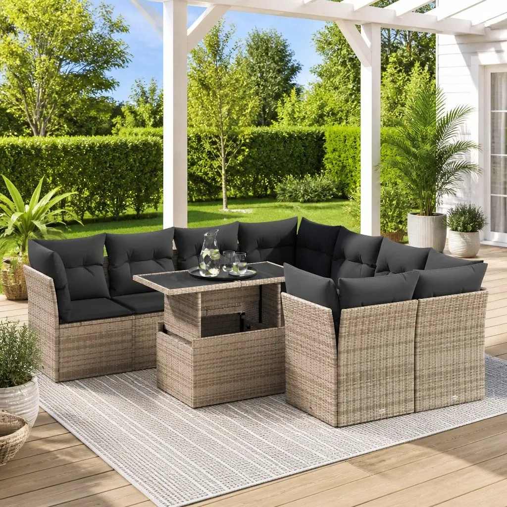 Garden Sofa Set Poly Rattan 9 Piece Outdoor Furniture Grey with Storage Cushions