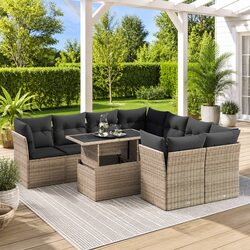 9 Piece Grey Poly Rattan Garden Sofa Set with Storage