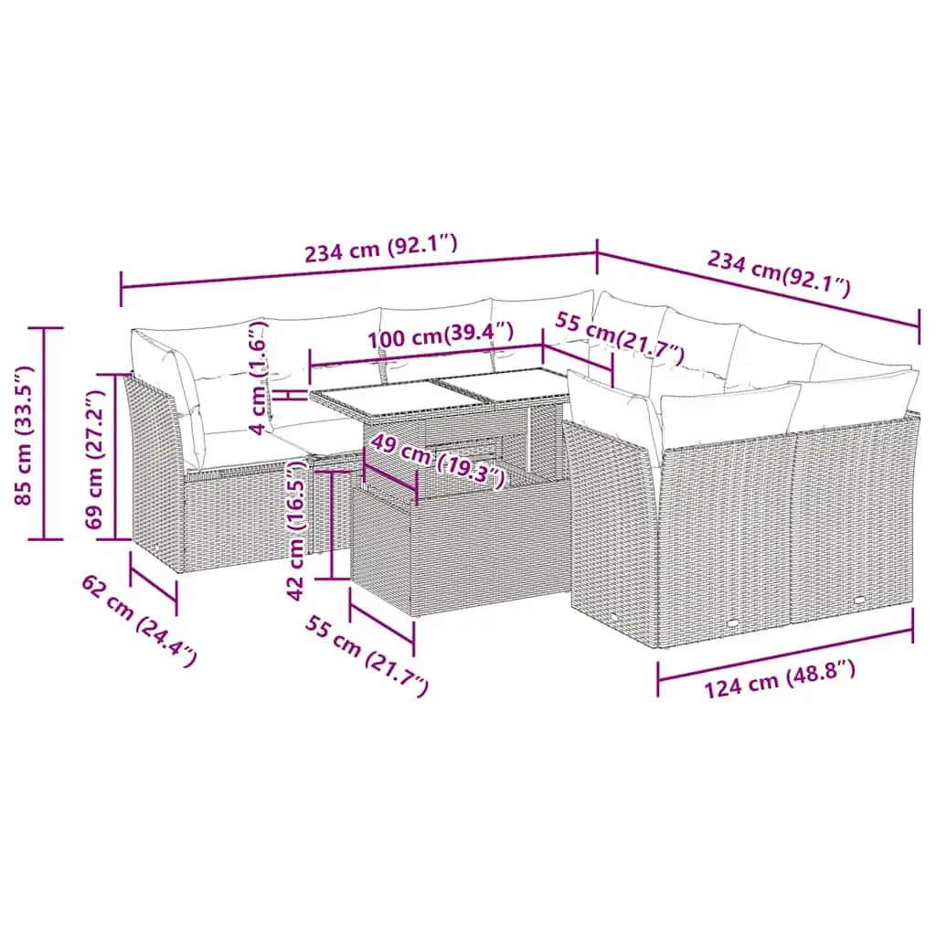 Garden Sofa Set Poly Rattan 9 Piece Outdoor Furniture Grey with Storage Cushions