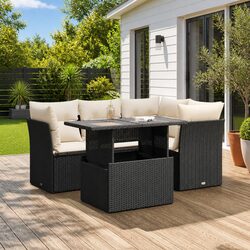 Black 5 Piece Garden Sofa Set with Cushions Storage