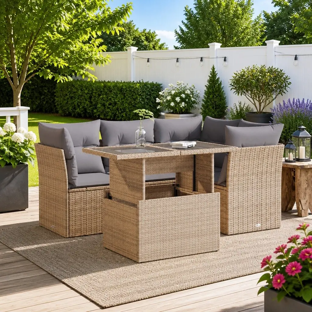 Garden Sofa Set Poly Rattan 5 Piece Outdoor Furniture Beige