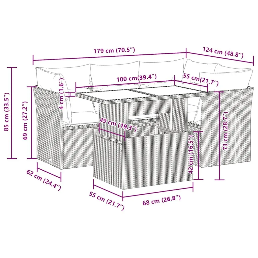 Garden Sofa Set PE Rattan 5 Piece Outdoor Furniture Grey Powder Coated Steel Patio Sectional