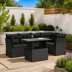 6-Piece Black Poly Rattan Garden Sofa Set with Cushions