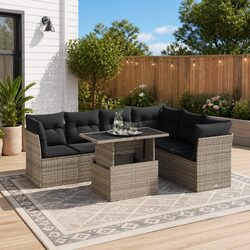 7-Piece Grey Poly Rattan Garden Sofa Set with Cushions