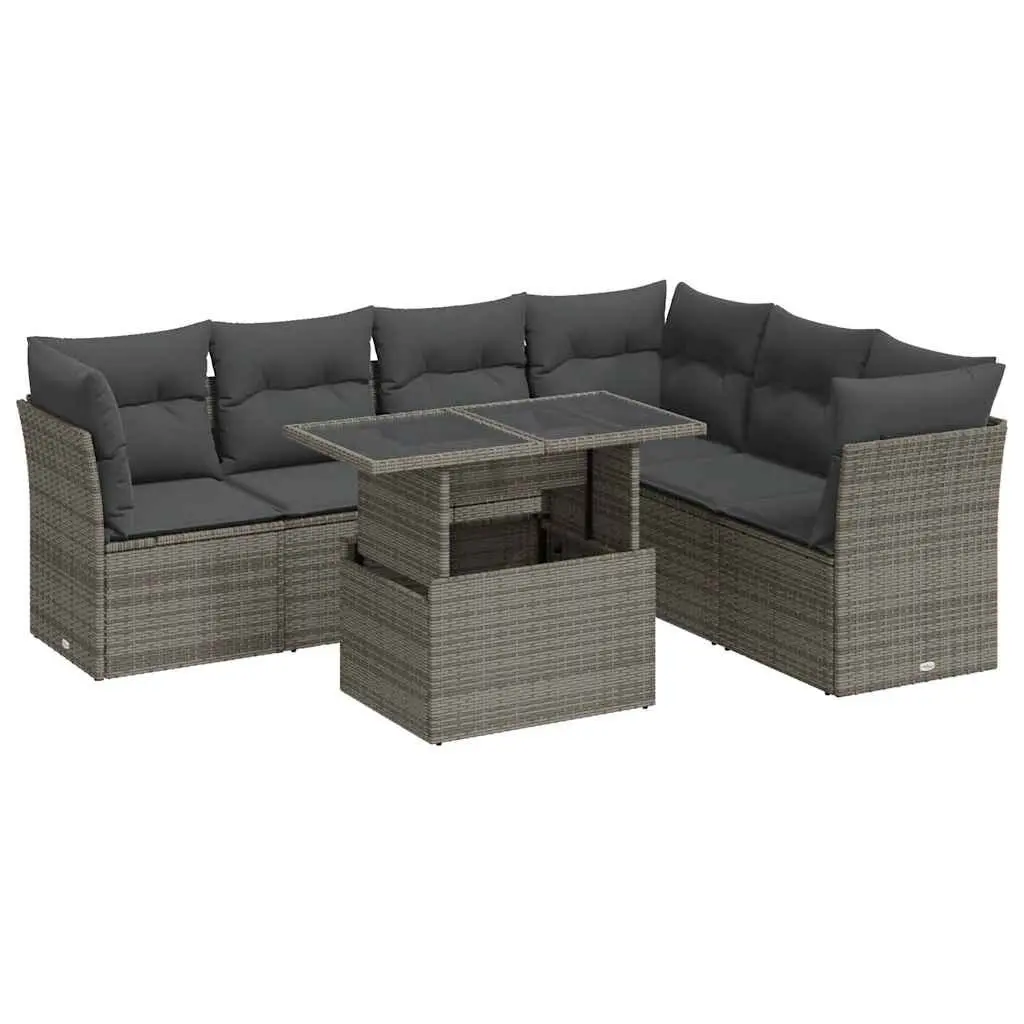 7-Piece Grey Poly Rattan Garden Sofa Set with Cushions