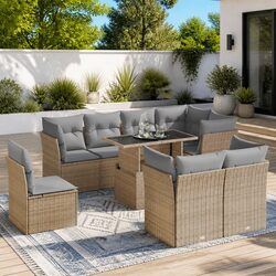 Durable 9 Piece Outdoor Sofa Set in Beige with Cushions