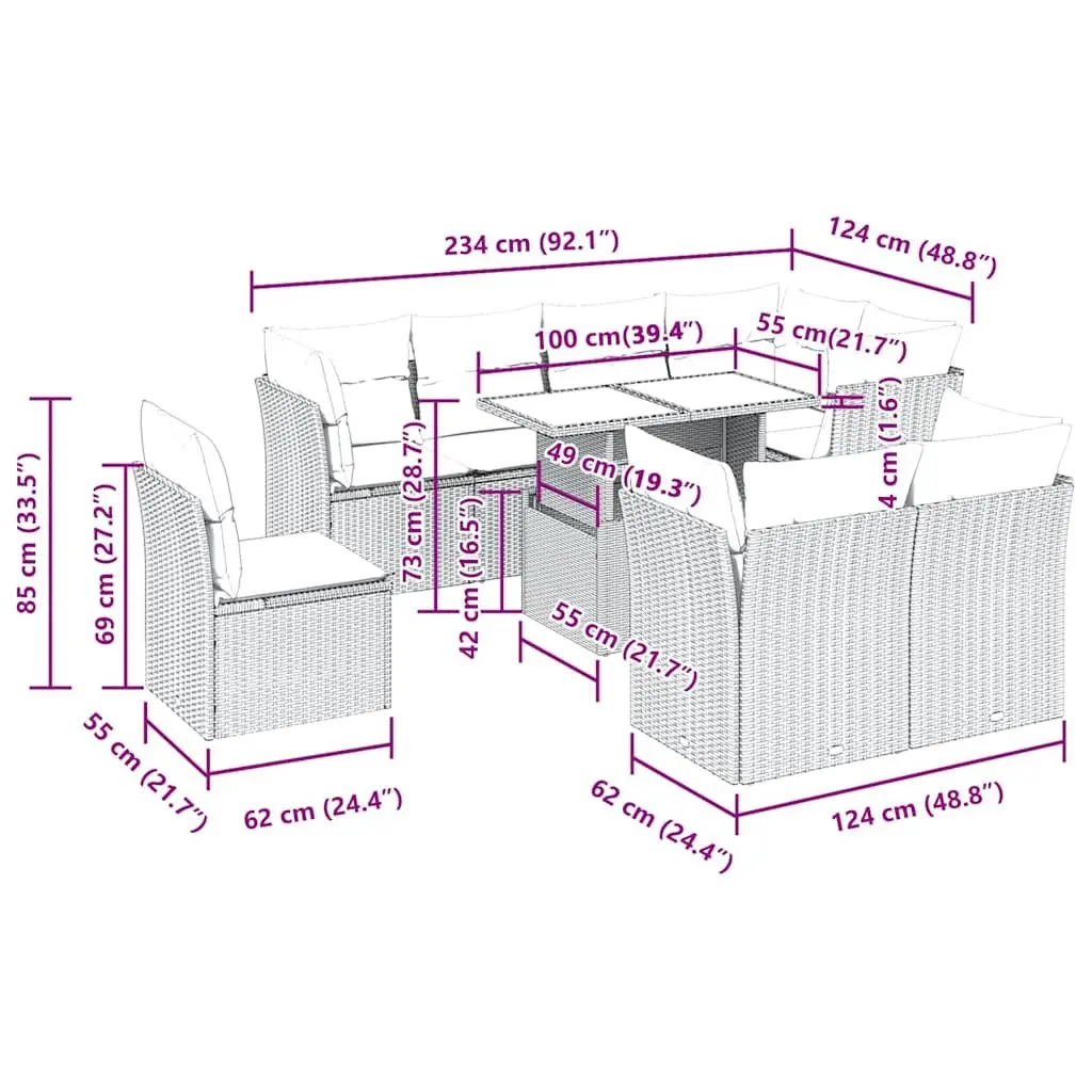 Garden Sofa Set PE Rattan 9 Piece Outdoor Furniture Grey Powder Coated Steel Patio Seating