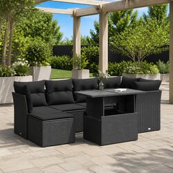 7 Piece Black Garden Sofa Set with Storage Cushions