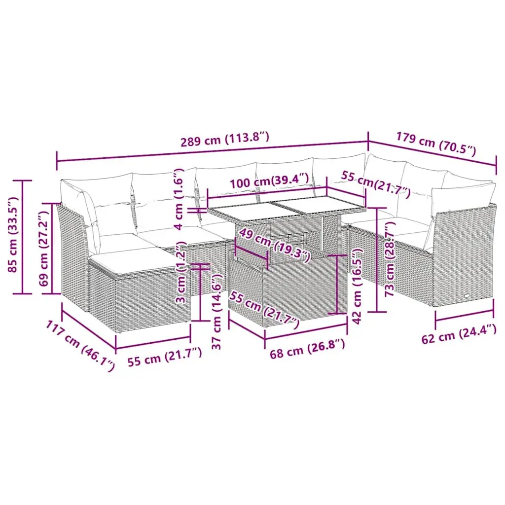 9 Piece Grey Poly Rattan Garden Sofa Set