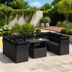 10-Piece Black Poly Rattan Garden Sofa Set with Cushions