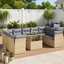 Garden Sofa Set 10 Piece Outdoor Furniture Beige Poly Rattan Patio Seating with