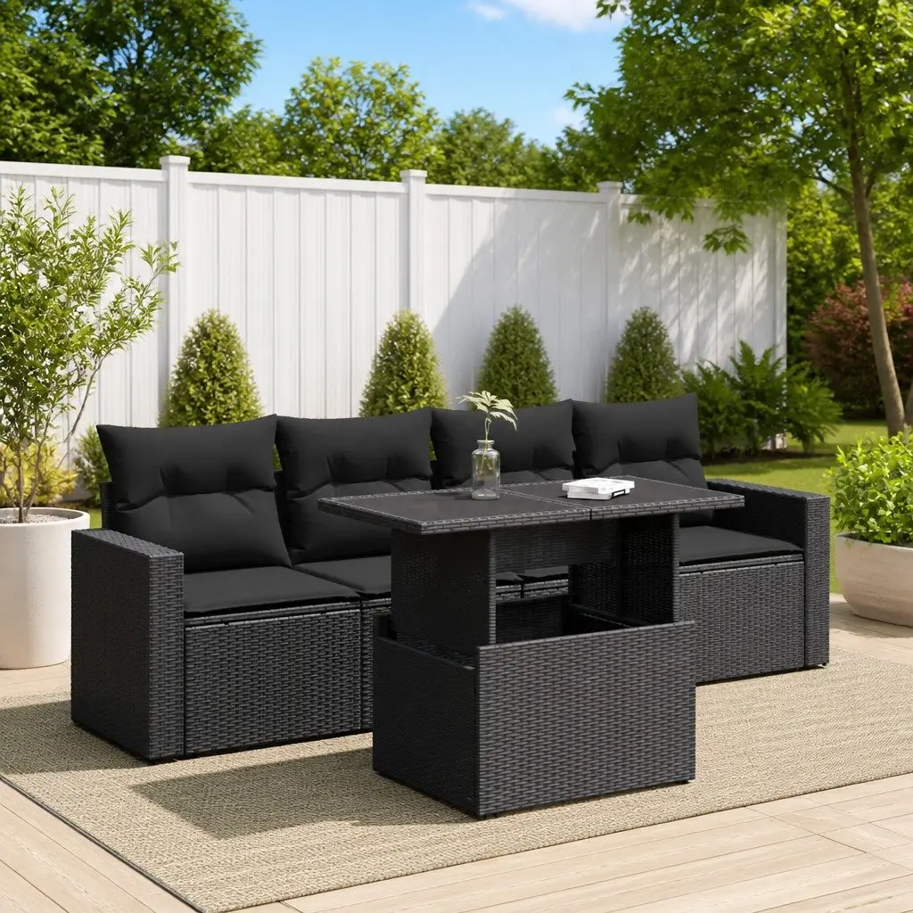 Garden Sofa Set PE Rattan 5 Piece Outdoor Furniture Patio Lounge Black