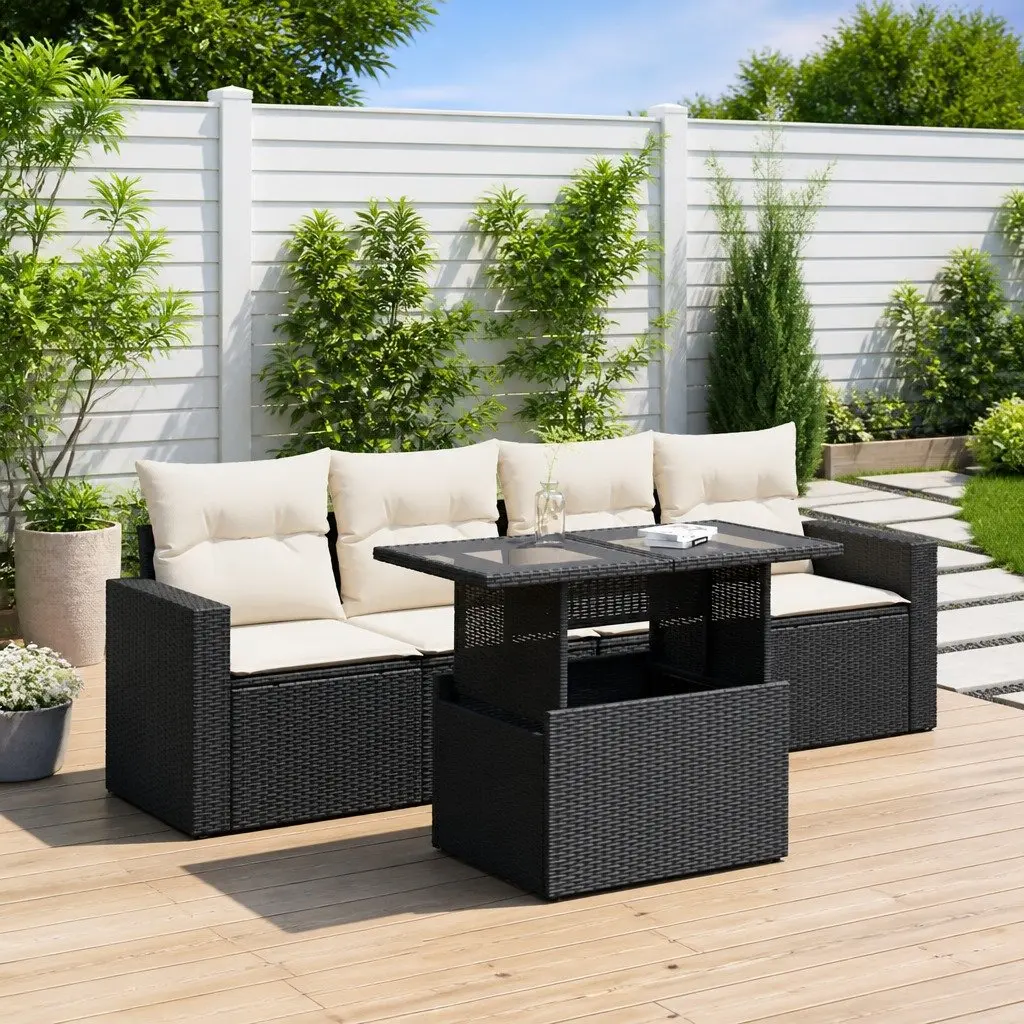 5 Piece Garden Sofa Set PE Rattan Black Cushions