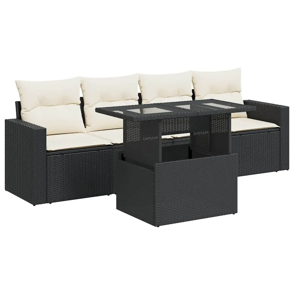 5 Piece Garden Sofa Set PE Rattan Black Cushions