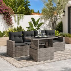 5-Piece Outdoor Grey Poly Rattan Garden Sofa Set