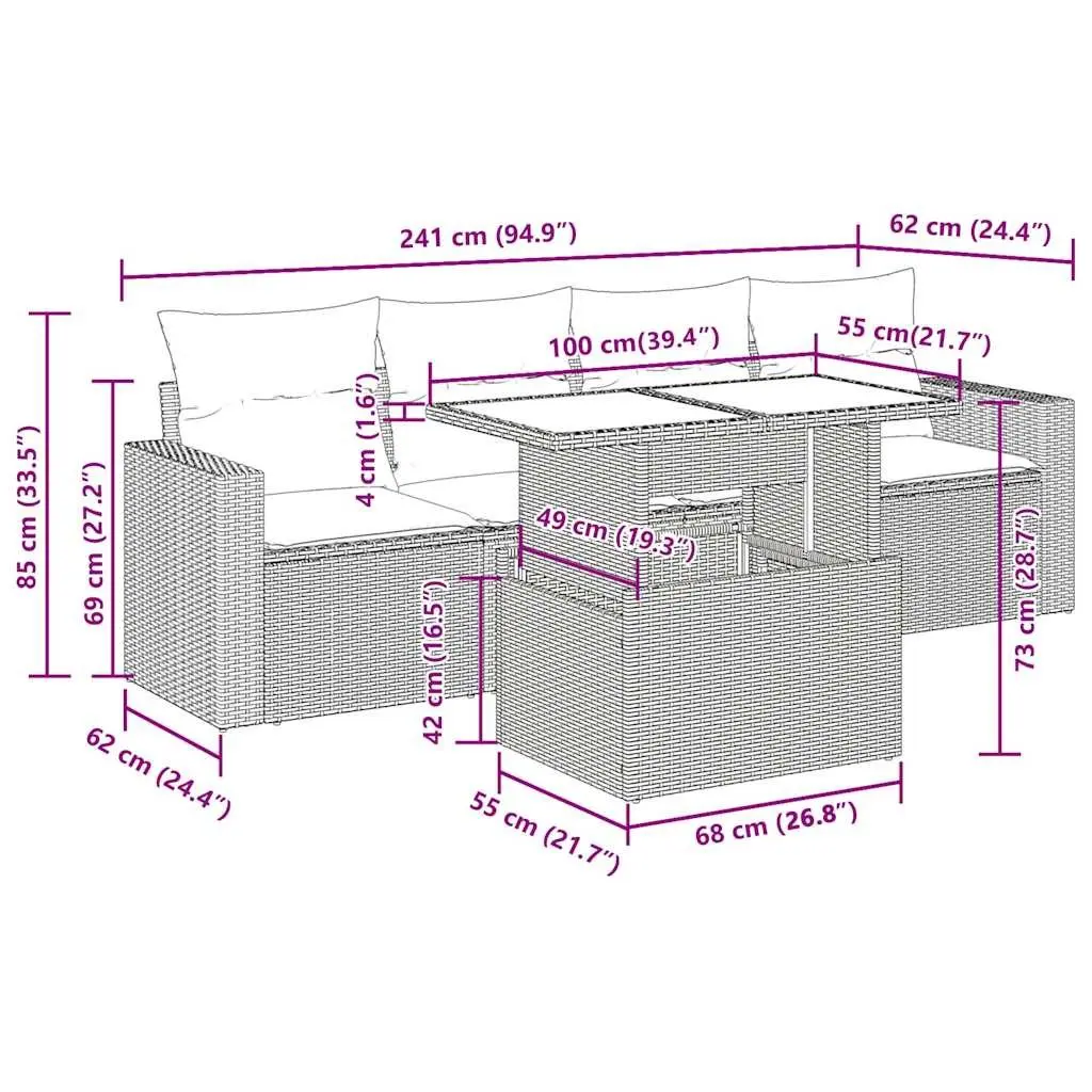 Garden Sofa Set PE Rattan 5 Piece Outdoor Furniture Grey Powder Coated Steel Patio Seating
