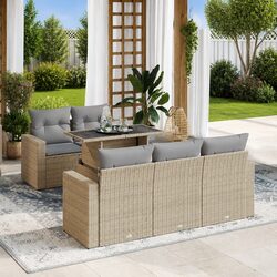 Beige 6-Piece Garden Sofa Set with Adjustable Table