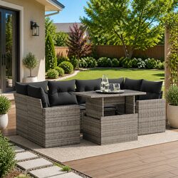 7-Piece Grey Poly Rattan Garden Sofa Set for Outdoor Relaxation