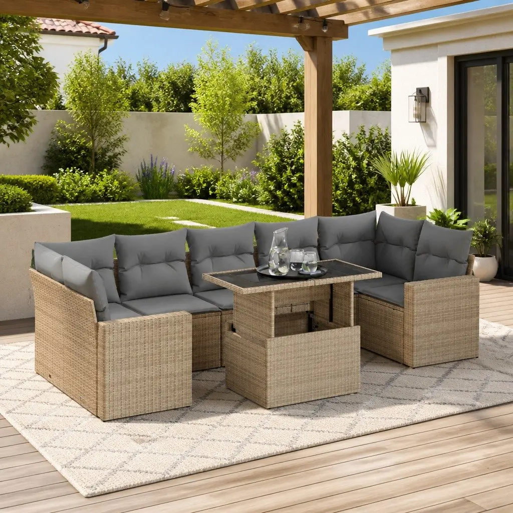 Garden Sofa Set PE Rattan 8 Piece Outdoor Furniture Beige