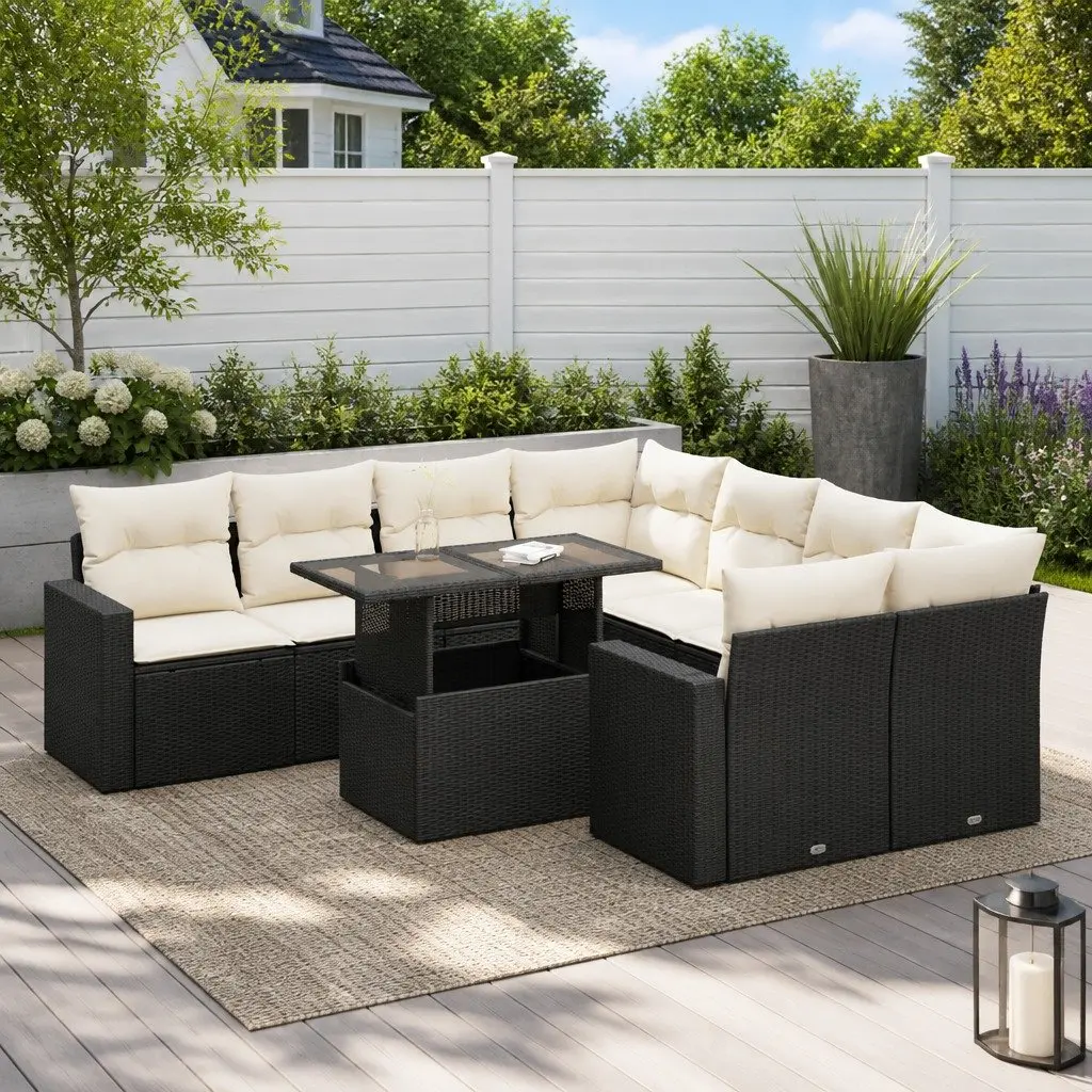 9-Piece Black Rattan Garden Sofa Set