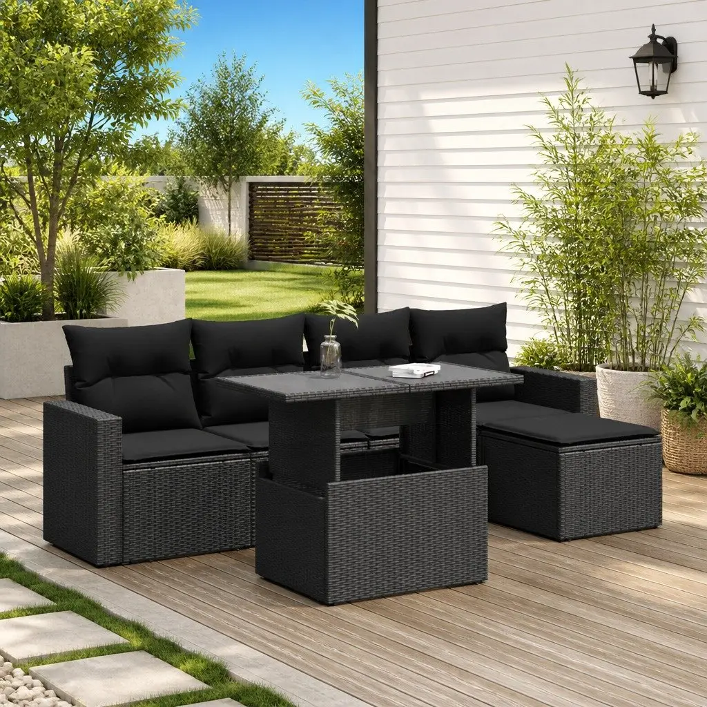6-Piece Outdoor Garden Sofa Set in Black Rattan