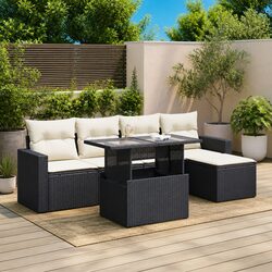 6-Piece Black Poly Rattan Garden Sofa Set with Cushions