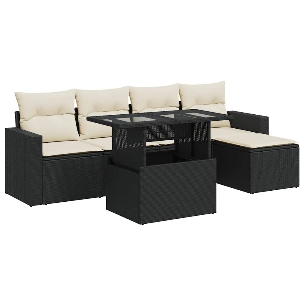 Garden Sofa Set PE Rattan 6 Piece Outdoor Furniture Black with Cushions