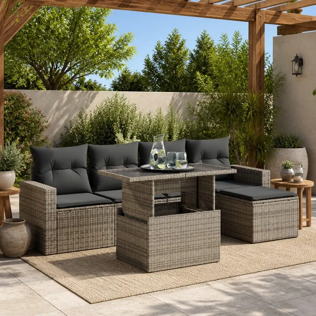 6-Piece Grey Poly Rattan Garden Sofa Set