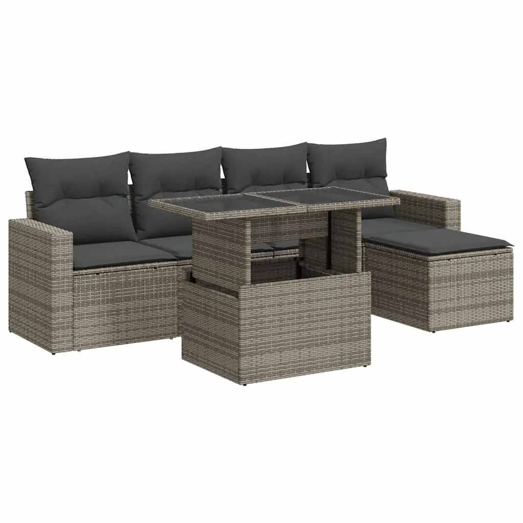 6-Piece Grey Poly Rattan Garden Sofa Set