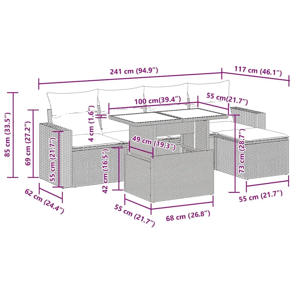 6-Piece Grey Poly Rattan Garden Sofa Set