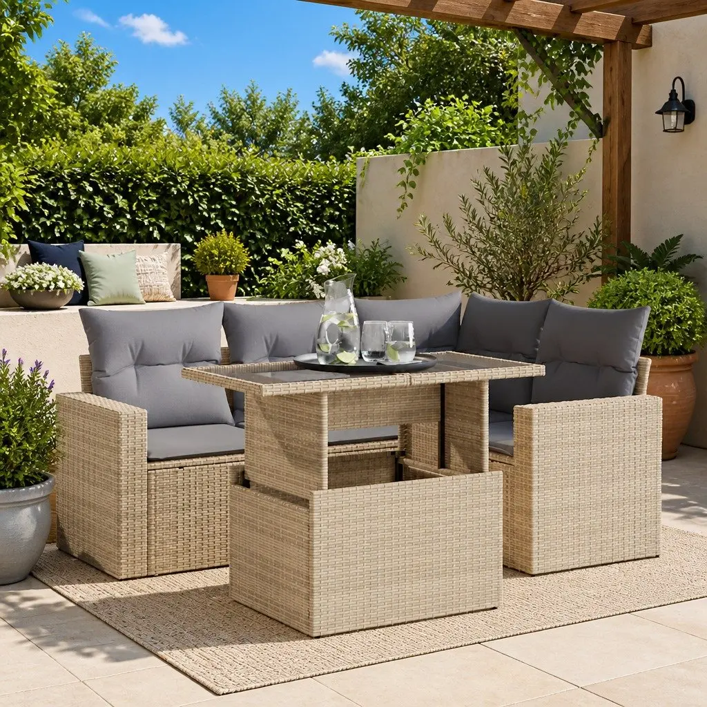 Garden Sofa Set PE Rattan 5 Piece Outdoor Furniture Beige Patio Lounge