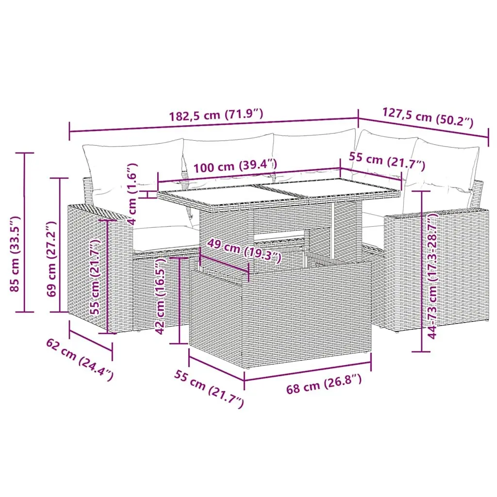 Garden Sofa Set PE Rattan 5 Piece Outdoor Patio Furniture Grey with Cushions