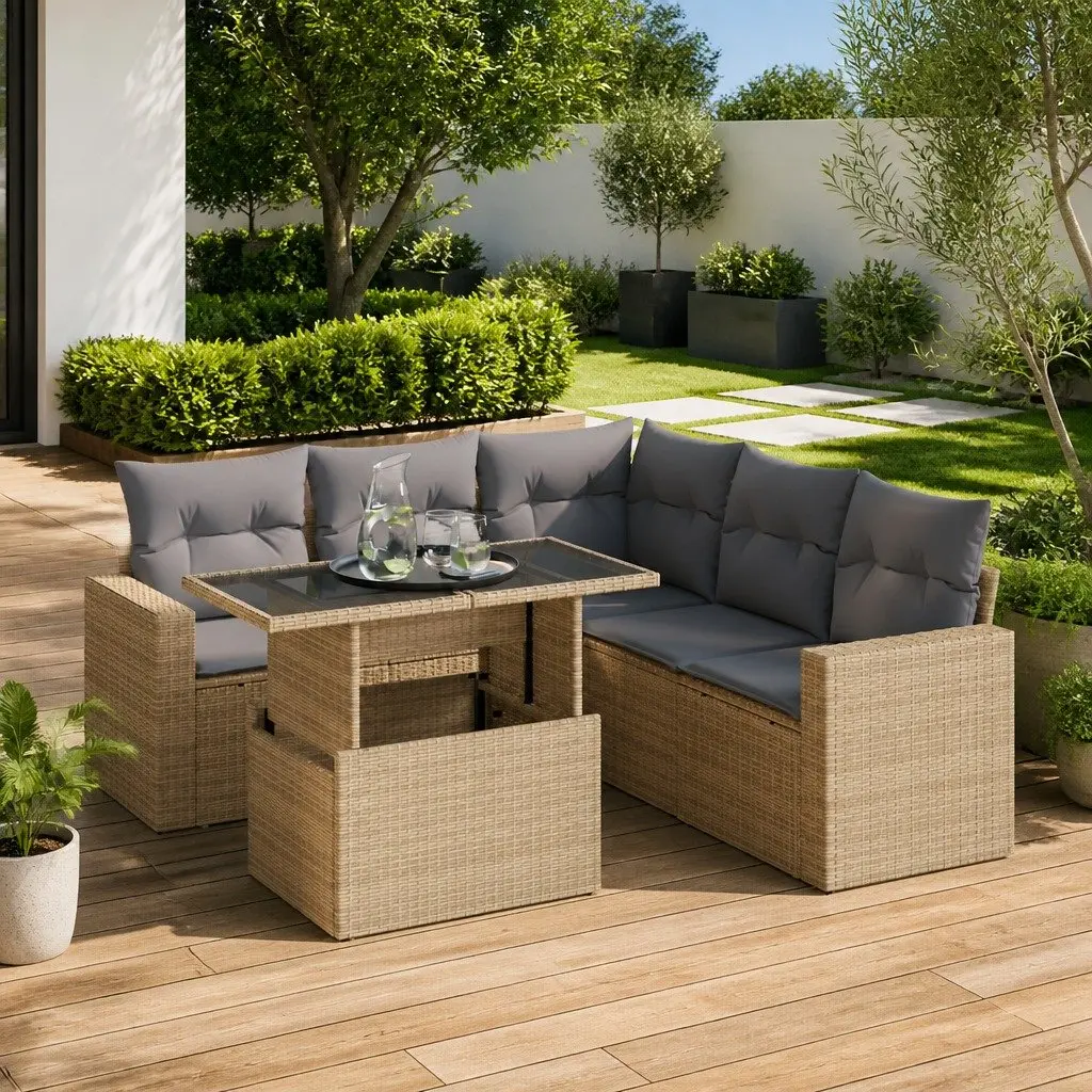 Garden Sofa Set PE Rattan 6 Piece Beige Powder-coated Steel
