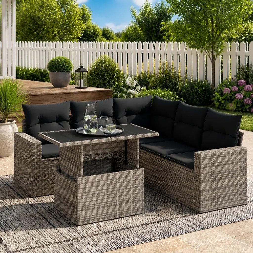 Garden Sofa Set PE Poly Rattan 6 Piece Grey Outdoor Furniture Patio Seating