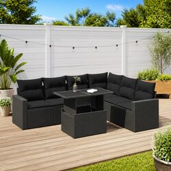 7-Piece Black Poly Rattan Garden Sofa Set with Storage