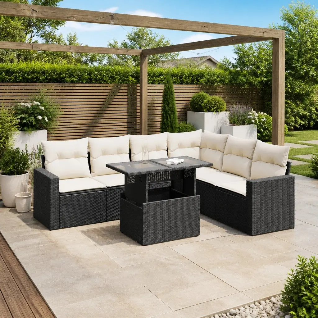 7 Piece Garden Sofa Set PE Rattan Black Outdoor Patio