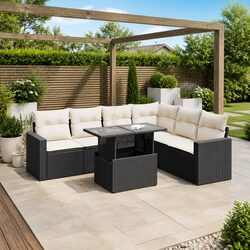 Durable 7 Piece Black Poly Rattan Sofa Set with Storage