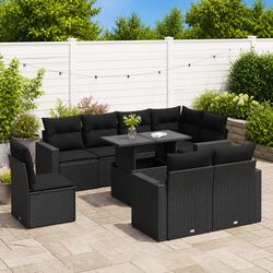 Durable 9 Piece Black Poly Rattan Garden Sofa Set