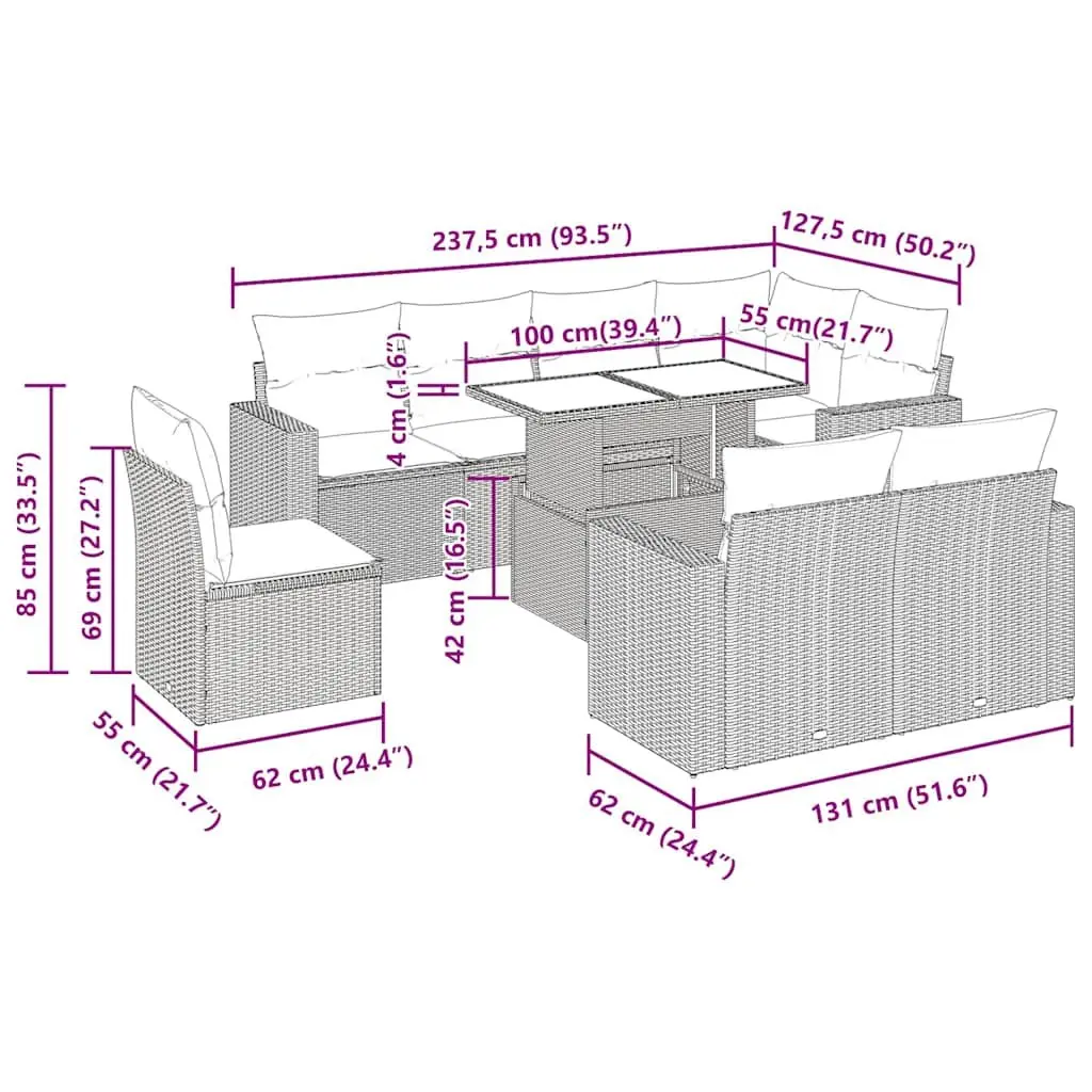 9 Piece Patio Furniture Set PE Rattan Powder-Coated Steel Frame Beige