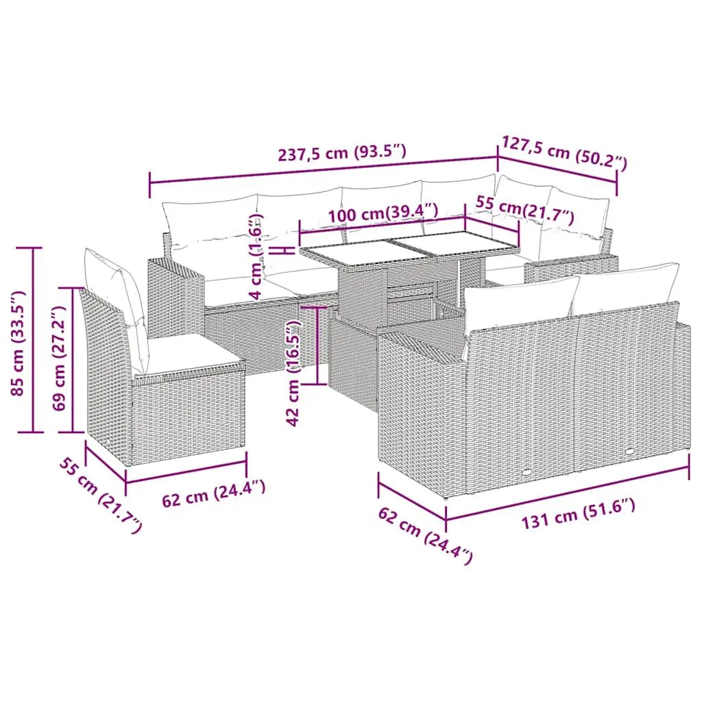 9 Piece Grey Poly Rattan Garden Sofa Set