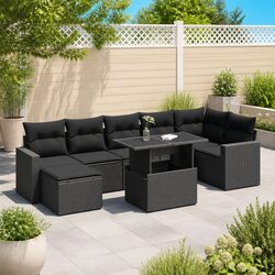 8-Piece Black Poly Rattan Garden Sofa Set with Cushions