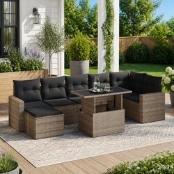 8-Piece Grey Outdoor Garden Sofa Set with Storage Cushions