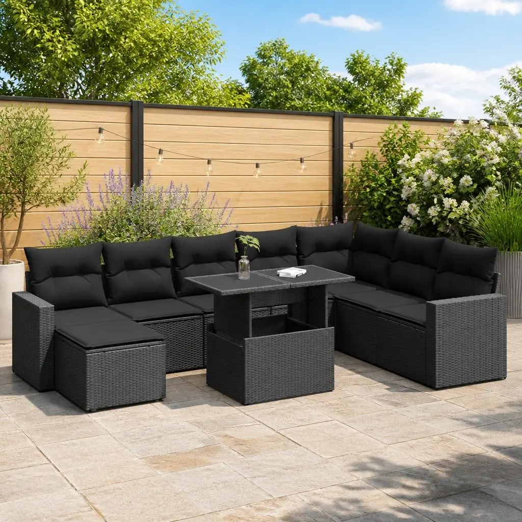 Garden Sofa Set PE Rattan 9 Piece Outdoor Furniture Black with Cushions