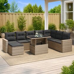 9 Piece Grey Poly Rattan Garden Sofa Set