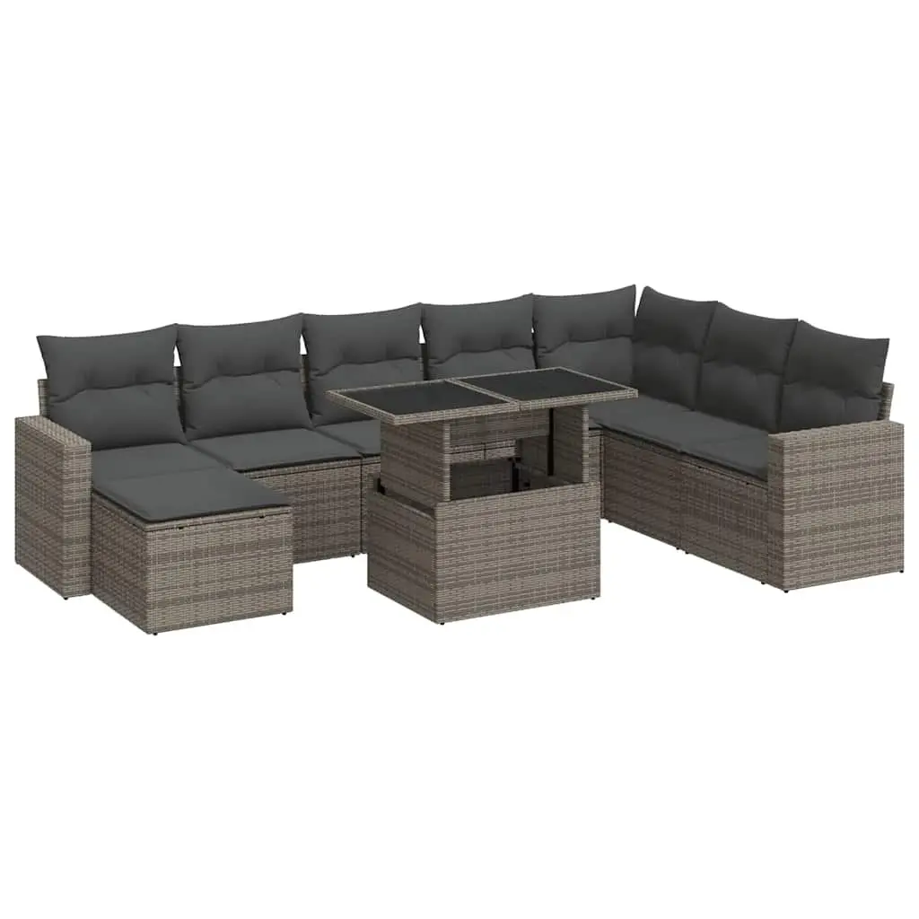 9-Piece Grey Poly Rattan Garden Sofa Set