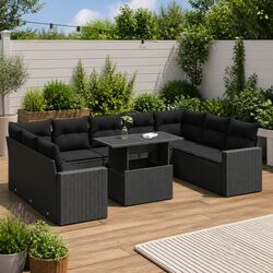 10-Piece Black Poly Rattan Garden Sofa Set