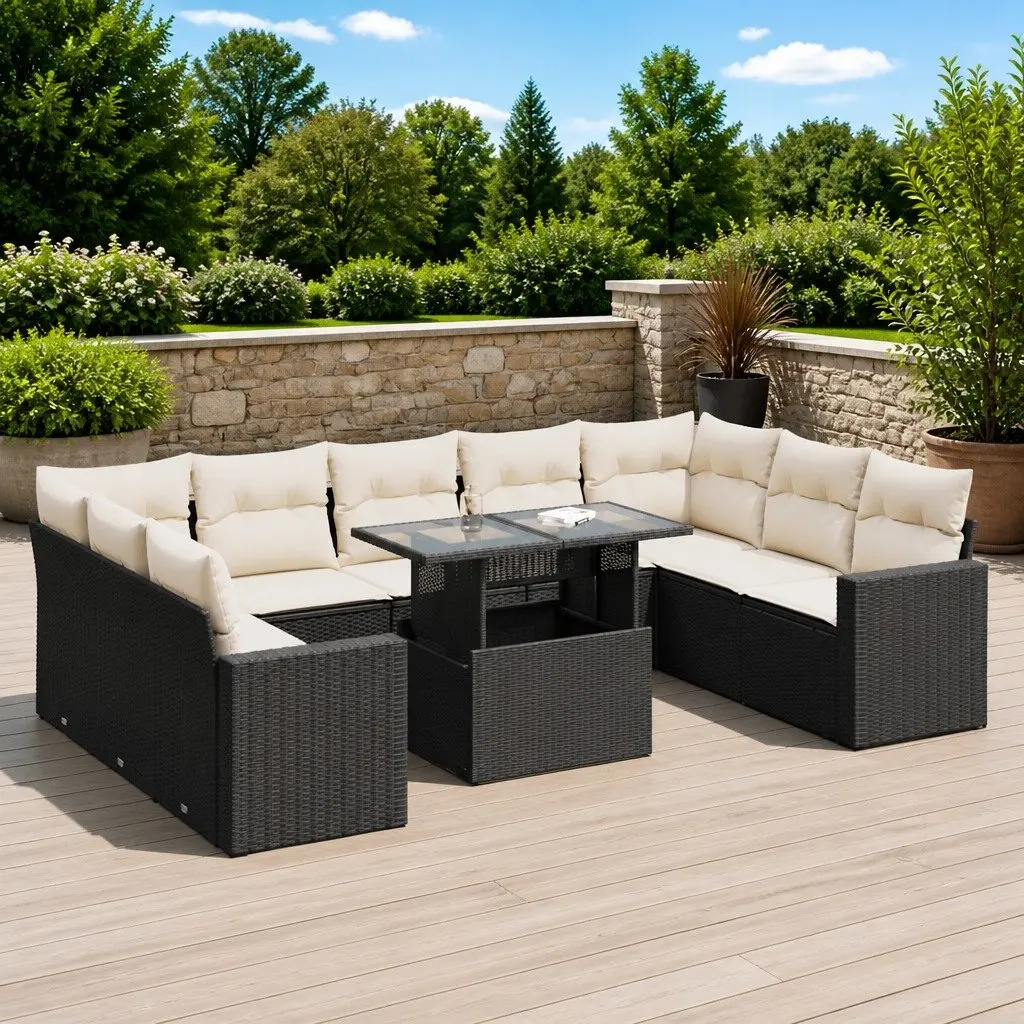 10 Piece Garden Sofa Set PE Rattan Steel Frame Black Outdoor Furniture