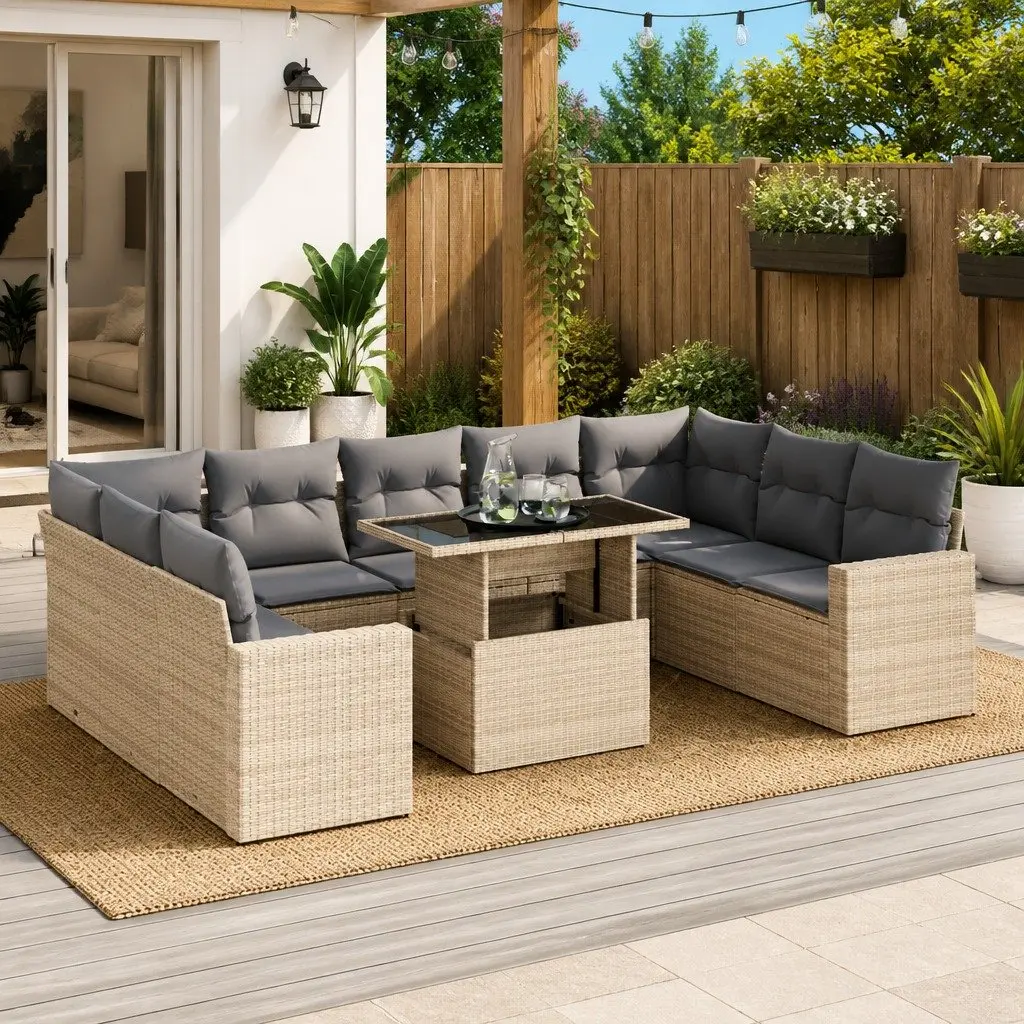 Beige Poly Rattan 10 Piece Outdoor Garden Sofa Set