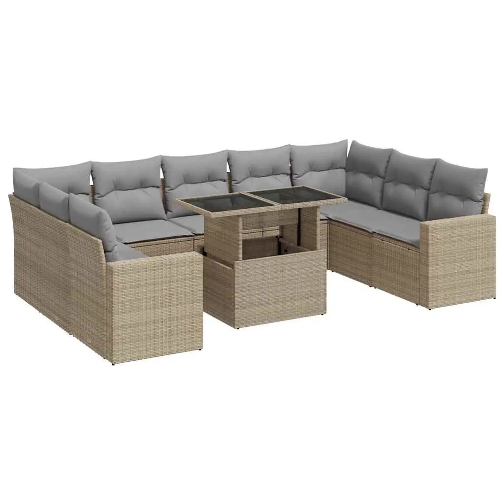Beige Poly Rattan 10 Piece Outdoor Garden Sofa Set