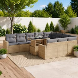 Beige 11-Piece Outdoor Garden Sofa Set with Storage